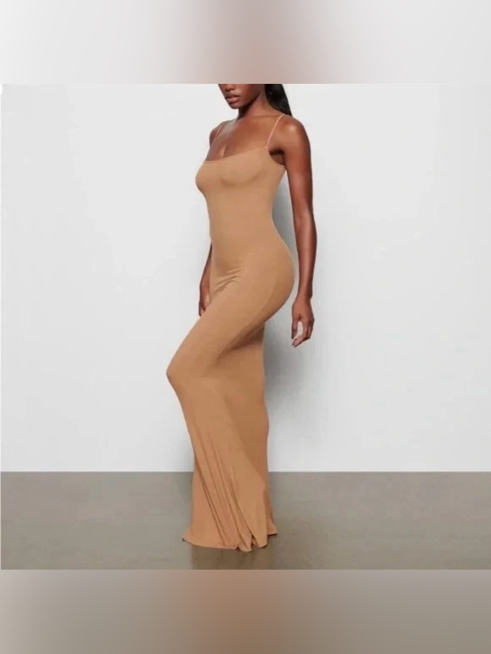 SKIMS Soft Ribbed Lounge Adjustable Straps Camel Long Slip Dress Size 4XL